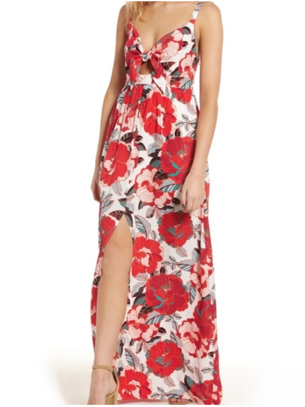 cupcakes & cashmere Chic Red Floral Tie-Front Tropical Maxi Dress Size 0 NWOT